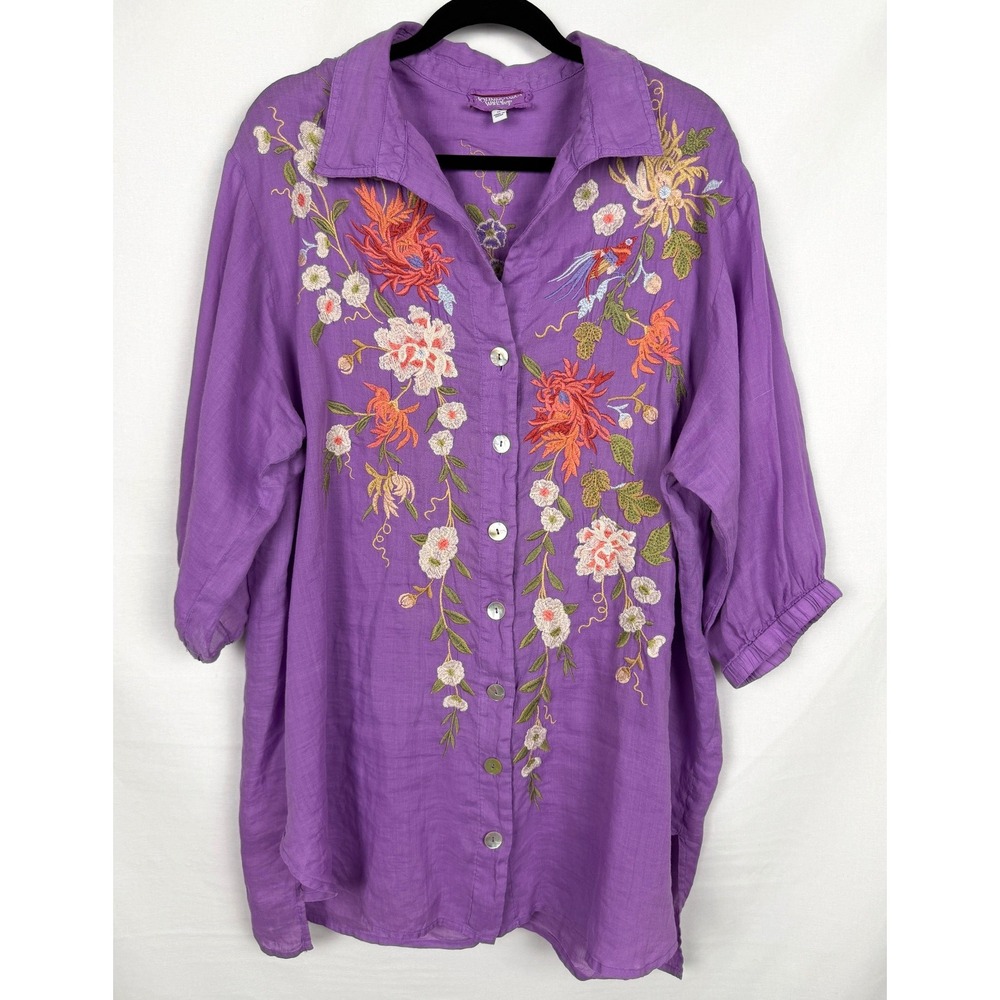Johnny Was Workshop XL Embroidered Ramie Button Down Tunic Top Boho
